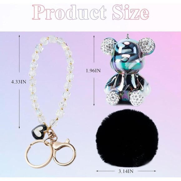 ✨Honyjoom Women Black Cute Bear Pom Pom Sparkling Keychains Accessories Girly - Picture 5 of 7